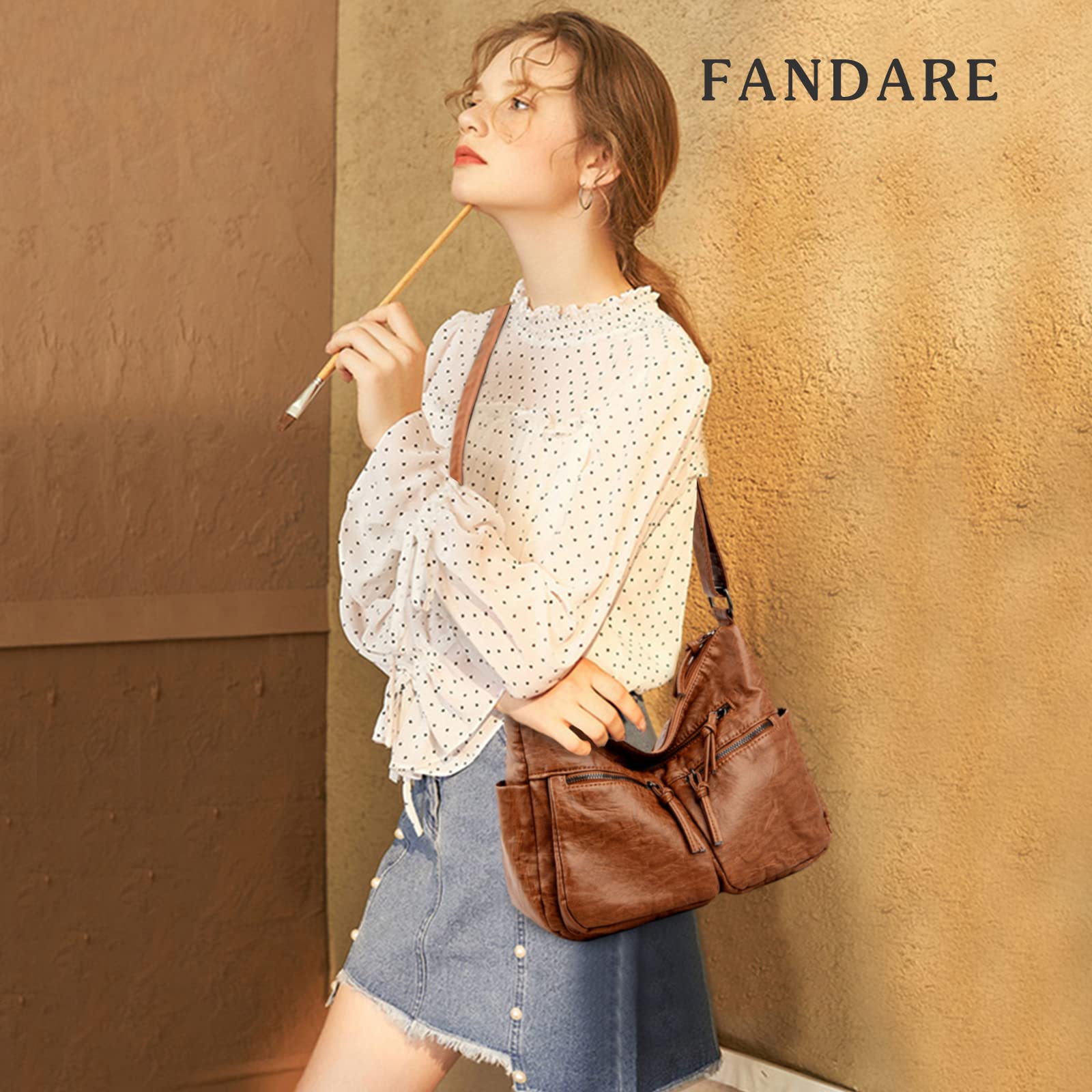 FANDARE Casual Bolsos de Mujer Bandolera Vintage Bolso Hombro Cruzado Impermeable PU Cuero para Viaje Trabajo Escuela Compras Conmutar Crossbody Bag Marrón