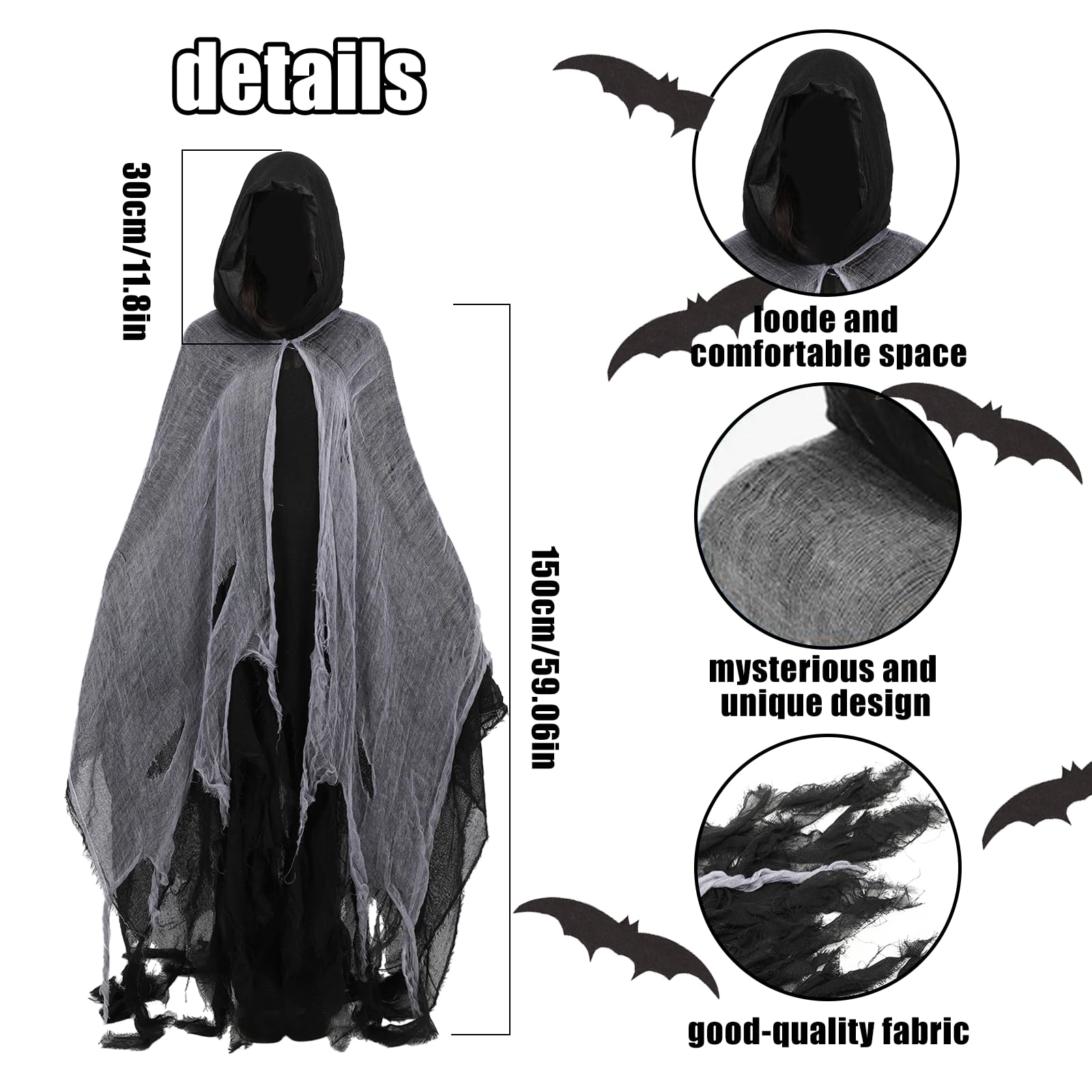 Adults Grim Reaper Cloak, 3PCS Halloween Death Hooded Costume with Robe Scythe Gloves - Image 3