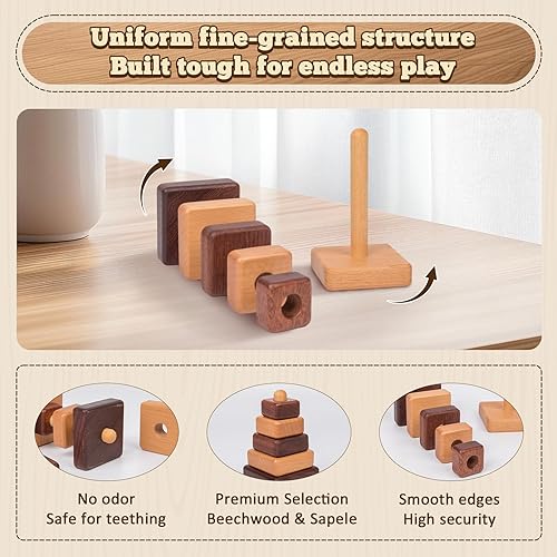 Miniatura 4 de Adena Montessori Anillo de madera natural de color madera, apilador geométrico Montessori, juguete educativo de madera, para bebés y niños pequeños