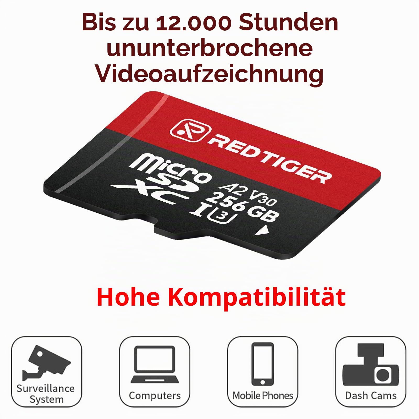 REDTIGER High Speed 256 GB Micro-SD-Karte mit Adapter, microSDXC UHS-I Klasse 10, U3, V30 A2, Unterstützung für Dashcam und 4K-Videoaufnahmen, kompatibel mit F7NP-V07&F9&F7NT-V04&F17&VP20&F17PLUS