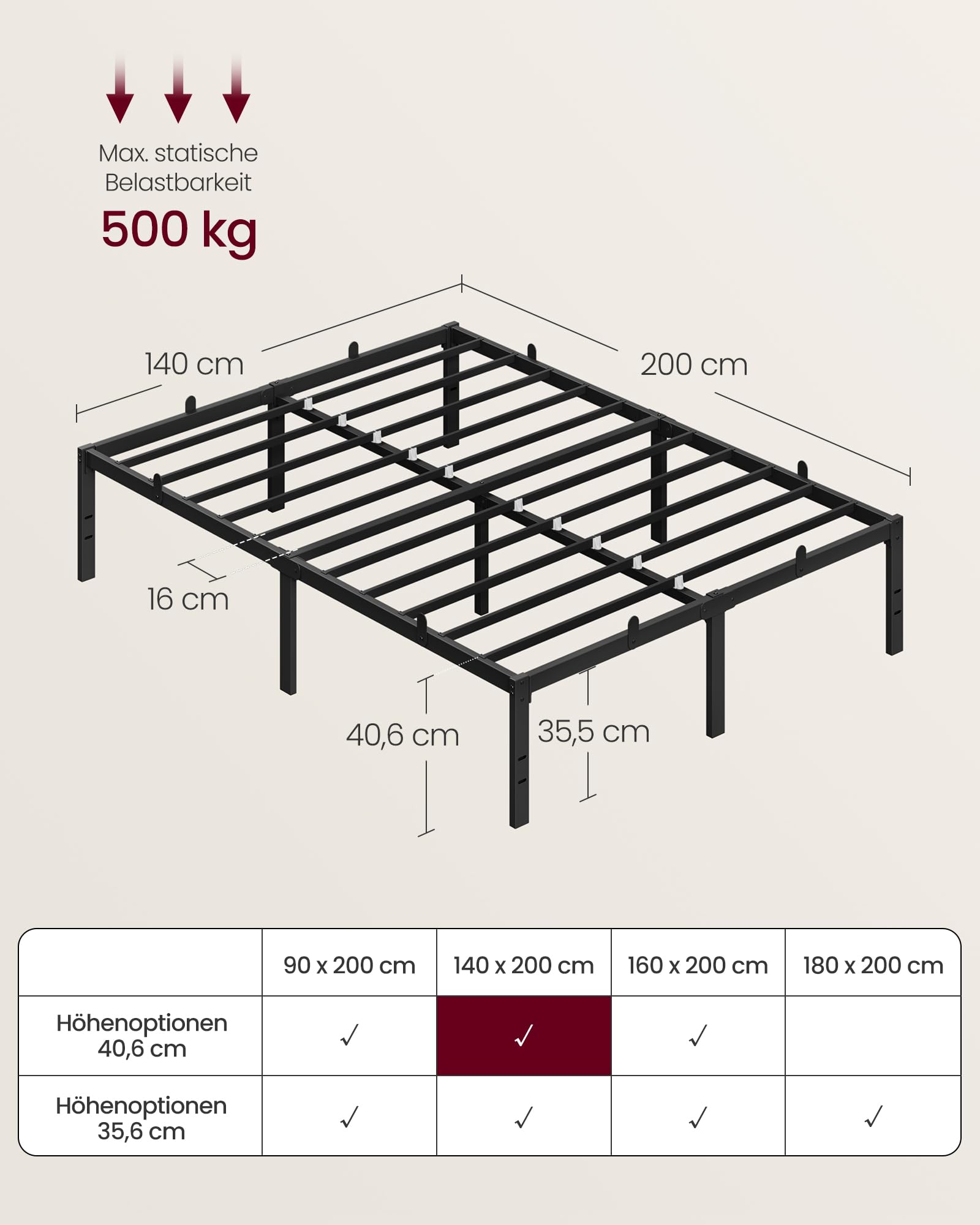 VASAGLE Doppelbettgestell, Bett, 140 x 200 cm, Metallbett, Bettrahmen, Unterbettaufbewahrung, modern, Gästebett, einfacher Aufbau, tintenschwarz RMB154BD01