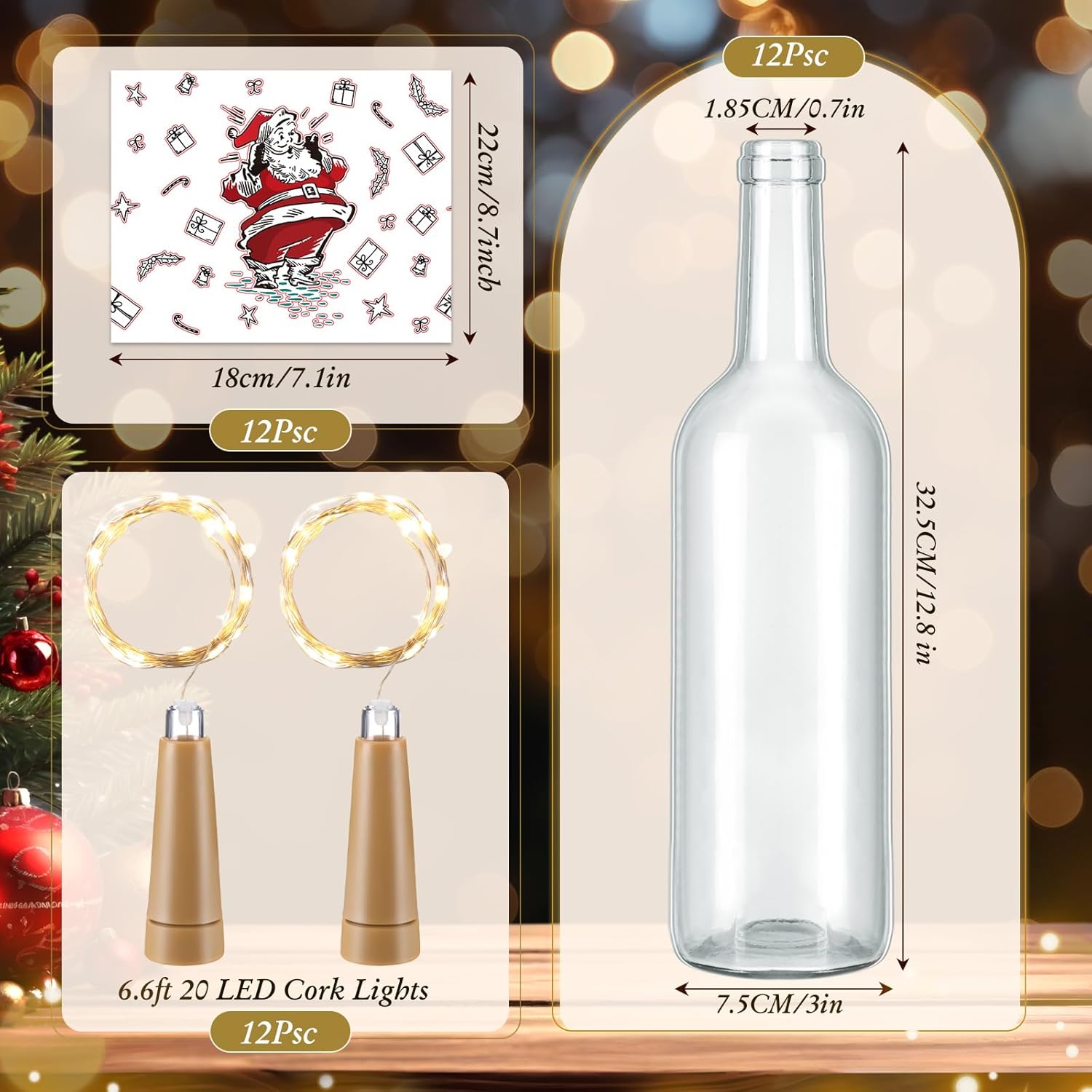 4 Set Lighted Christmas Centerpieces Including LED Cork Lights Clear Wine Bottles and Christmas Wine Bottle Stickers for Xmas Party Home Decor Gift Xmas Holiday Table Decorations