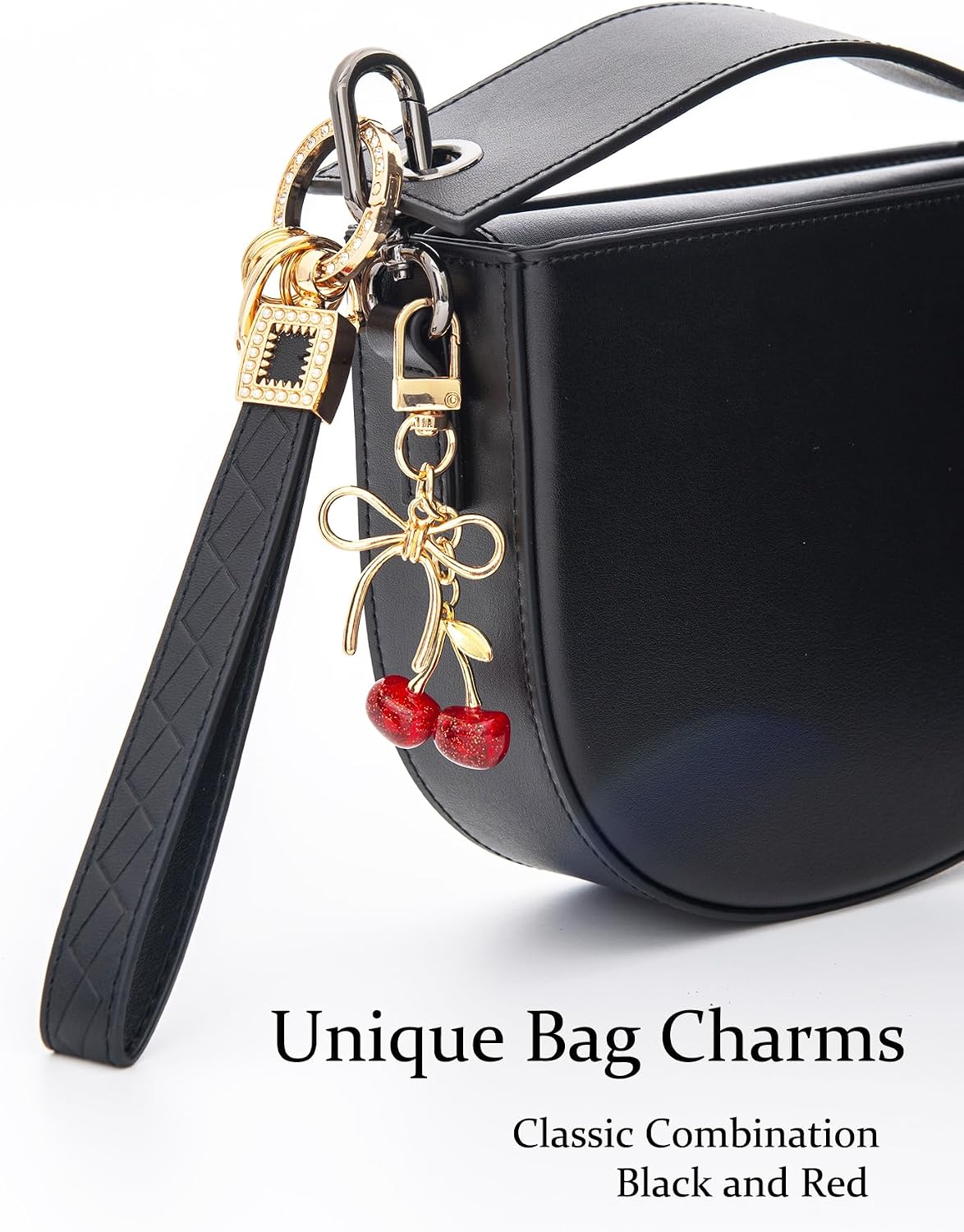 Keychains Wristlet Women Car Key Fob Keychain with Cherry Bag Charm, Cute Leather Key Chains Holder, Set of 2