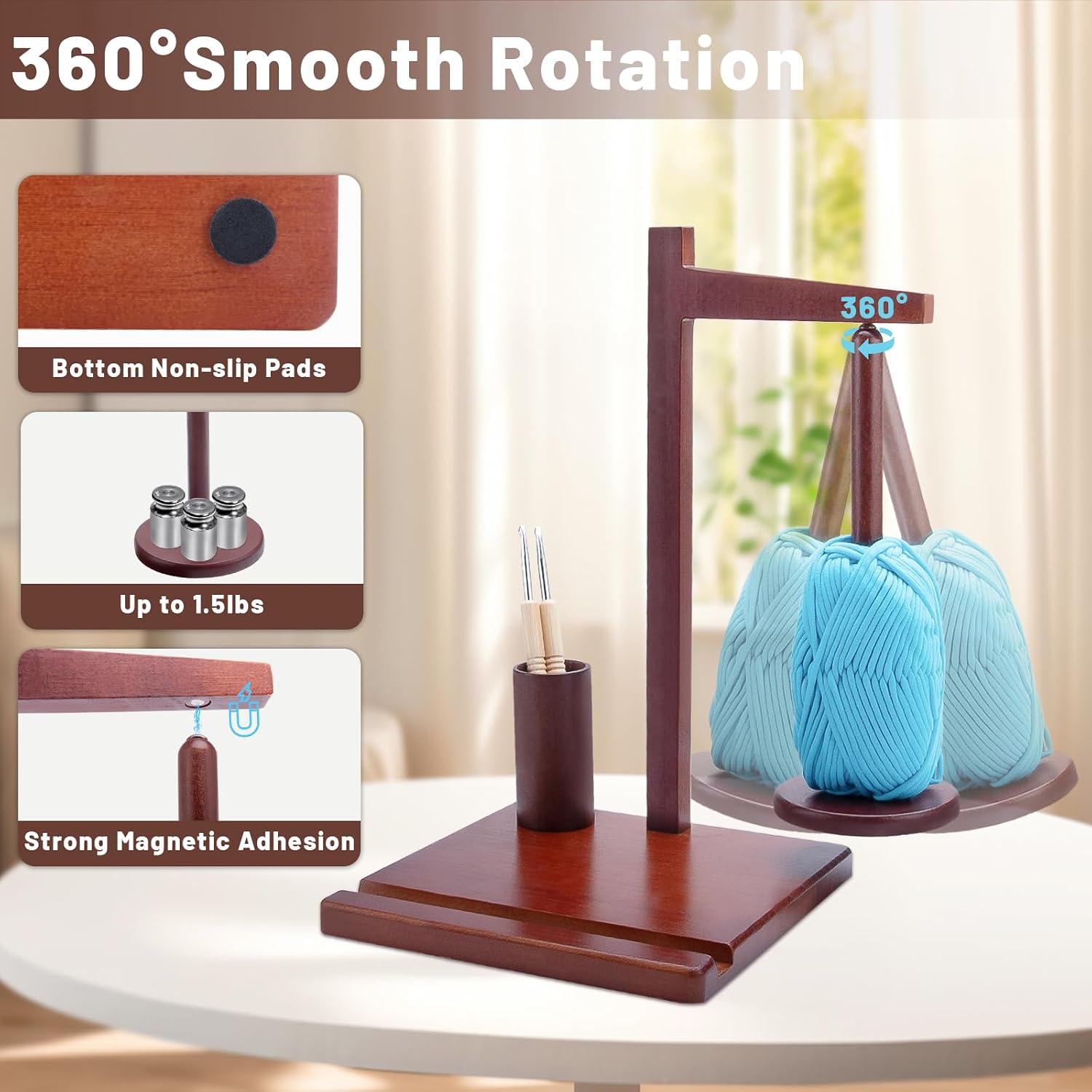 Wooden Yarn Holder for Crocheting, Magnetic Rotating Yarn Spinner Yarn Spool Rack with Crochet Accessories Storage and Phone Stand, Yarn Ball Holder for Knitting Lovers