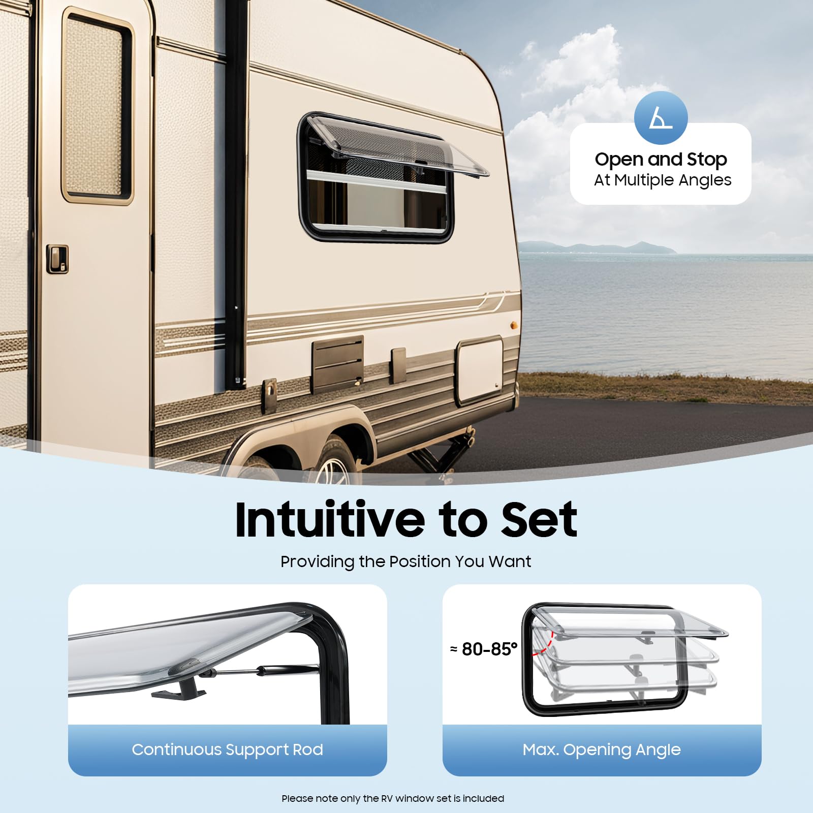 Ventana lateral de caravana de acrílico 700x400 con ángulo de apertura de 85°. Ventana con marco resistente a los rayos UV y rejilla anti-insectos para autocaravanas y caravanas
