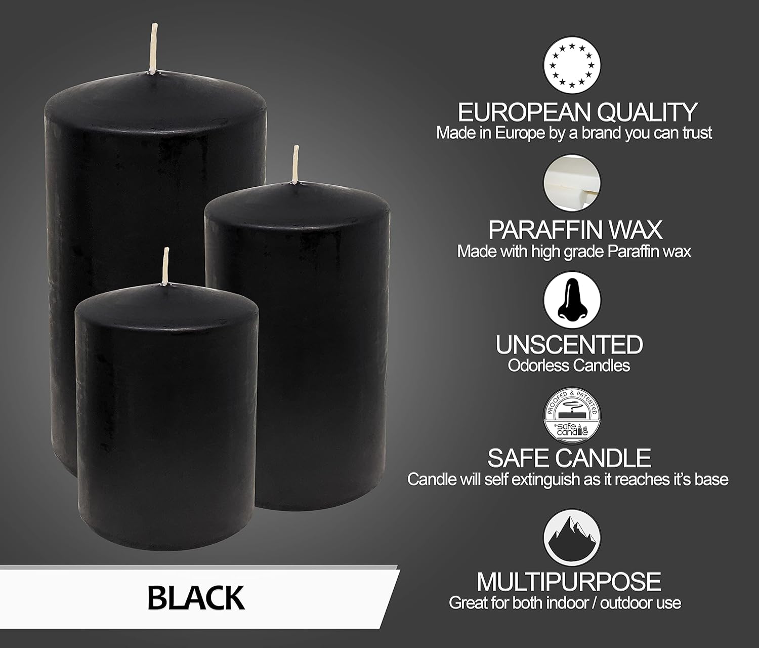 Hyoola Black Pillar Candles 2x3 Inch - 4 Pack Unscented Pillar Candles - European Made : Home & Kitchen