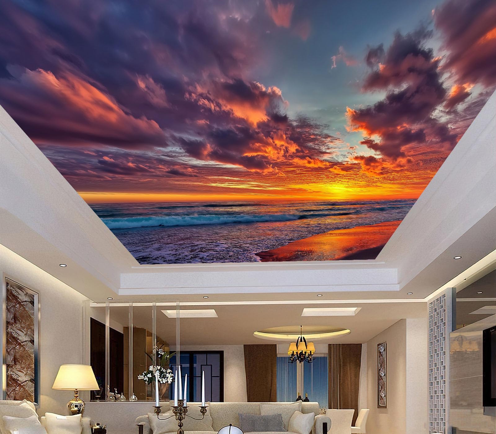 Murale da Parete 3D Paesaggio Del Tramonto Carta da Parati Fotografica,Blu Arancione Murale da Parete in Tessuto seta Poster Decorativo Tramonto Sul Mare Design 350×256cm per Soggiorno
