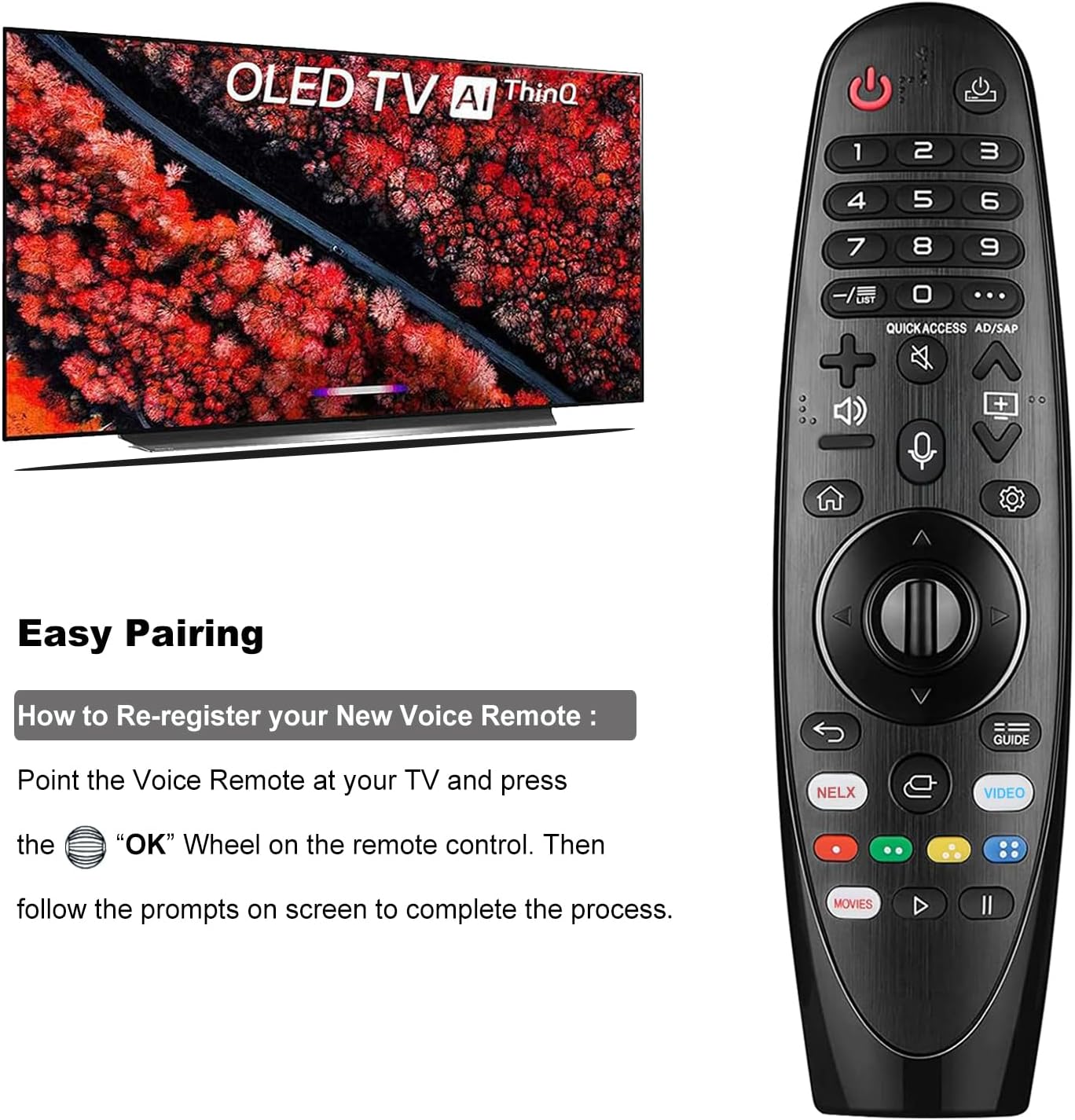 Image illustrating the easy pairing process by pointing the remote at the TV and pressing the OK button.