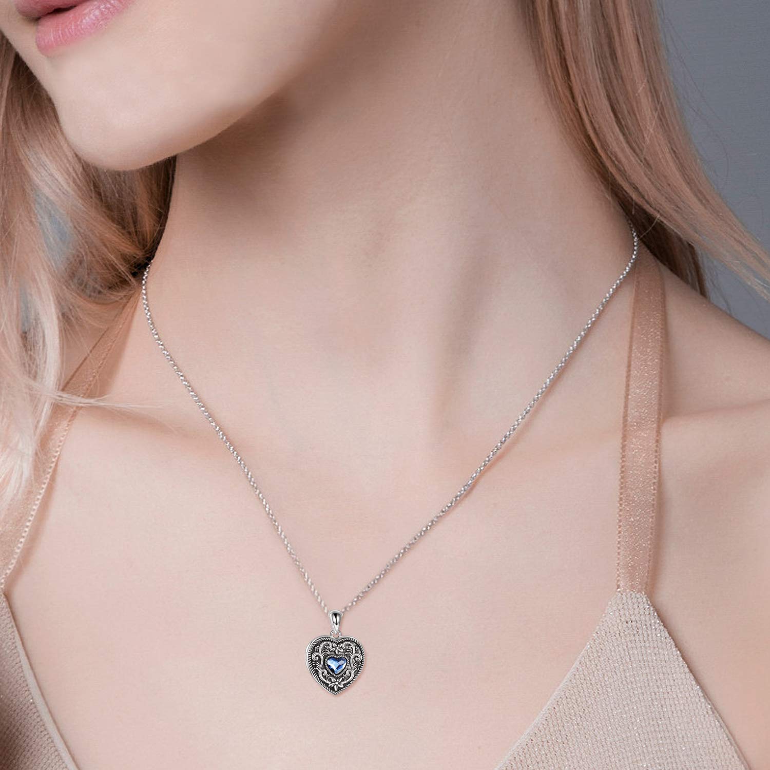 URONE Sterling Silber Herz Foto Medaillon Vintage Anhänger für Frauen Bild Medaillon Schmuck mit Kristall aus Österreich Geschenke für Frauen Mädchen