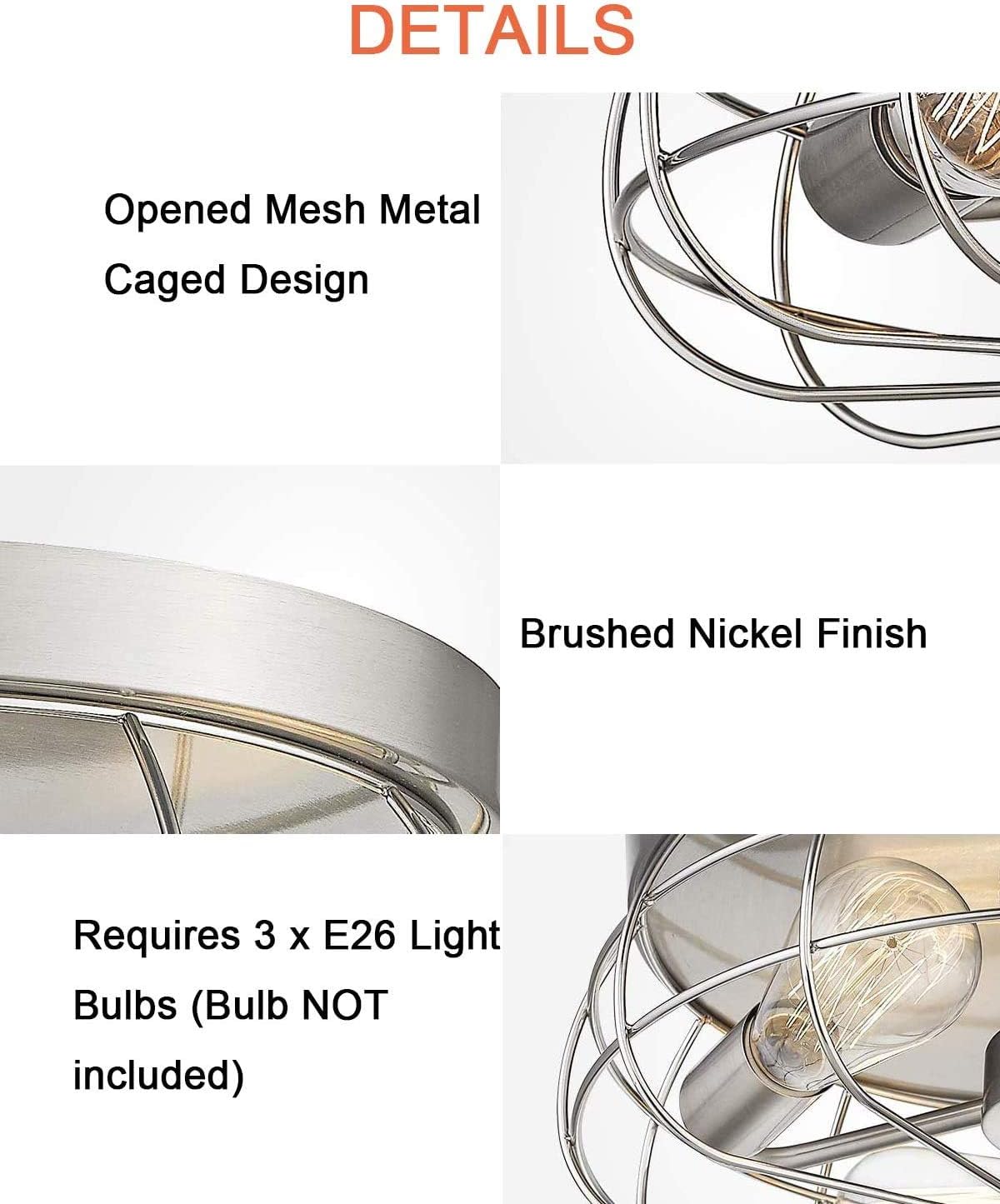 Blасk Frіdау - 80% оƒƒ Harriet Industrial 3-Light Vintage Metal Cage Flush Mount Ceiling Light, Brushed Nickel Finish, Retro Ceiling Lighting Fixture for Bedroom, Dining Room, Living Room, Farmhouse Lighting, HCL03BN-3