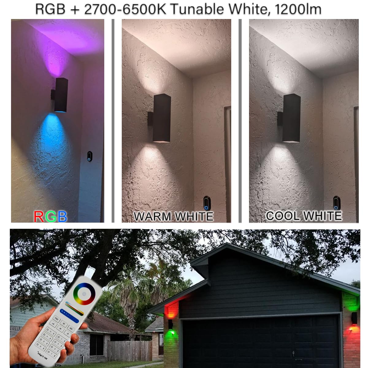 Up Down Outdoor Wall Lights 3 Pack - RGB Color Changing Smart Sconces With Remote For House Exterior