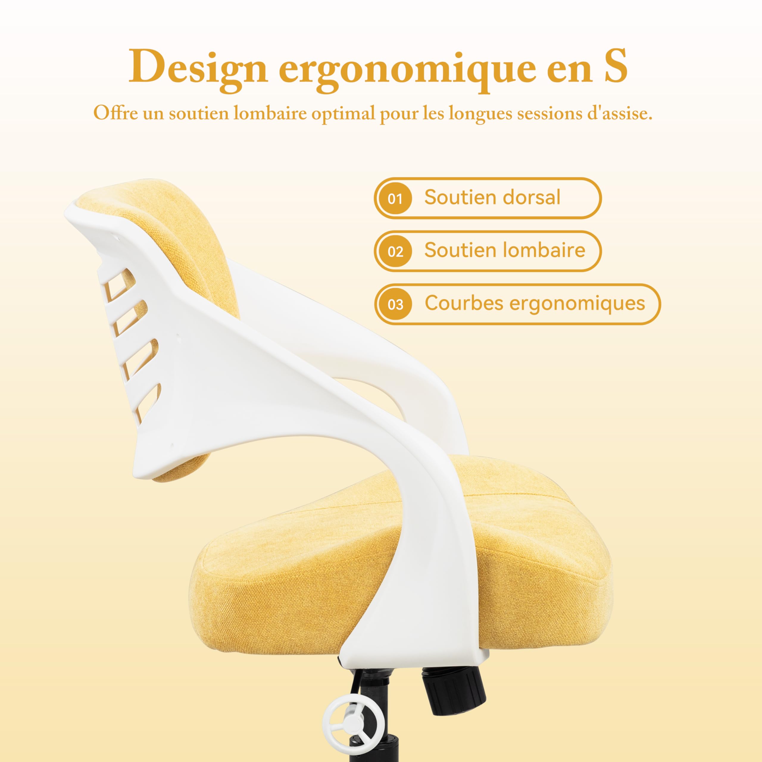 BOLISS Silla de oficina ergonómica con respaldo de espuma moldeada acolchada en altura ajustable, asiento profesional (amarillo)