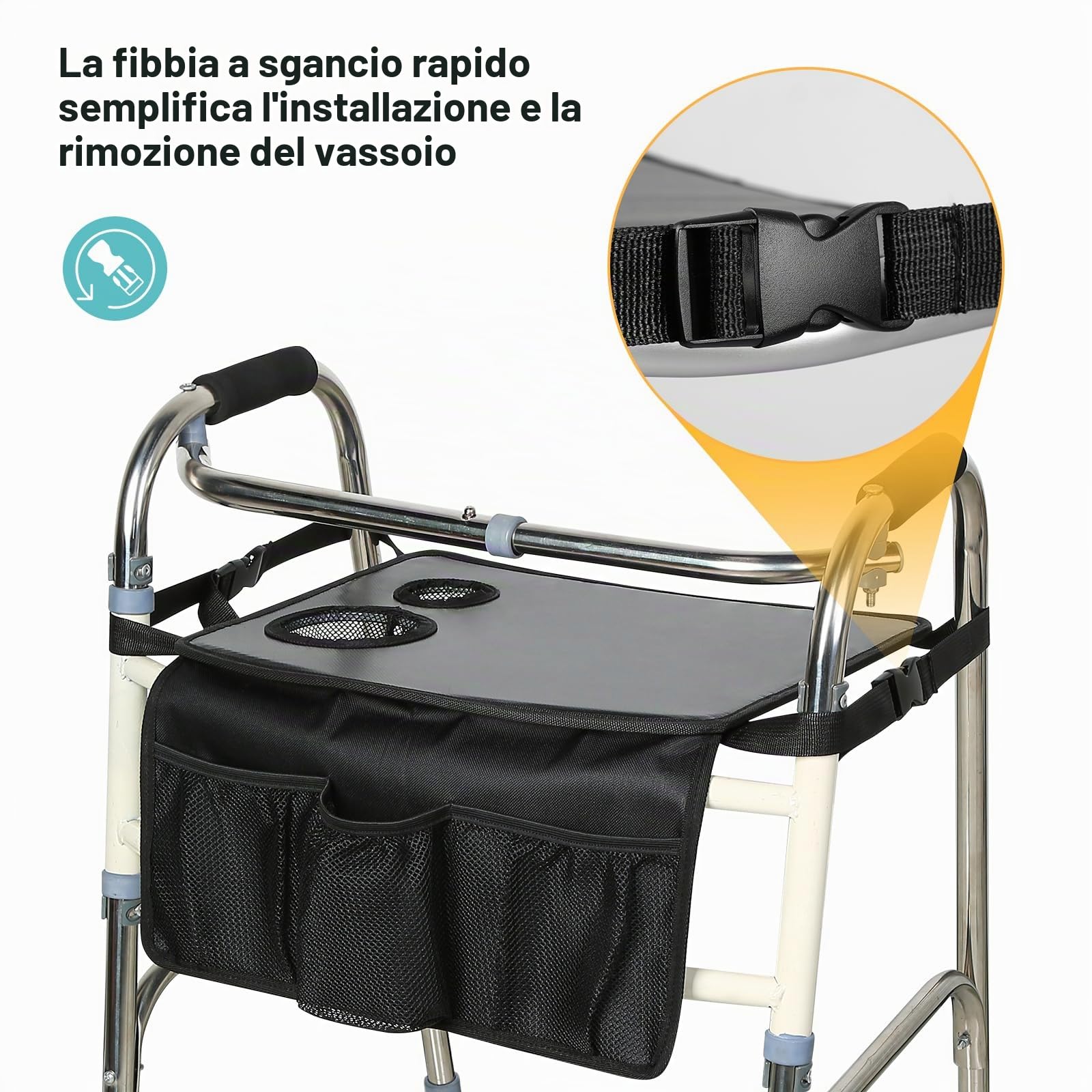 Vassoio per deambulatore pieghevole, vassoi per camminatori per anziani staccabile con portabicchieri, vassoi per deambulatori per camminatori pieghevoli, accessori per anziani