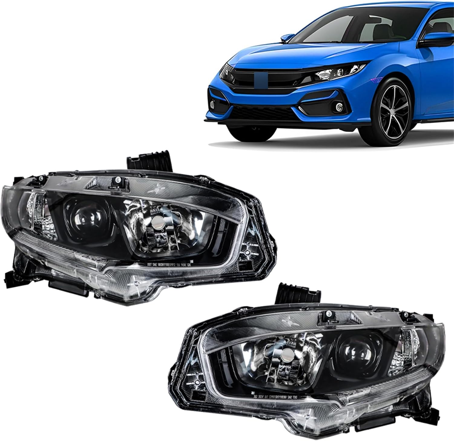 GXYWADY Headlights Replacement for 2016-2021 CIVIC Black Housing Projector Halogen Headlight Headlamp Assembly Left and Right Side
