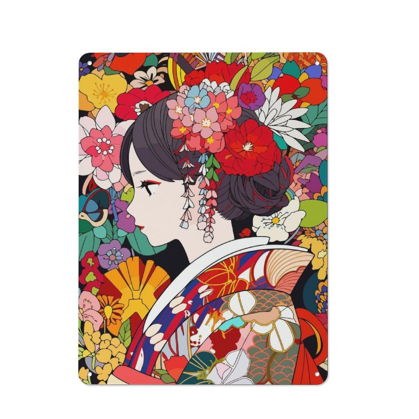 Junmoney Girls Japanese Art Kimono Metal Plaque 40X30cm With For Pub Or Café, Rustic Decor, For Garage, Workshop And Man Cave Decoration