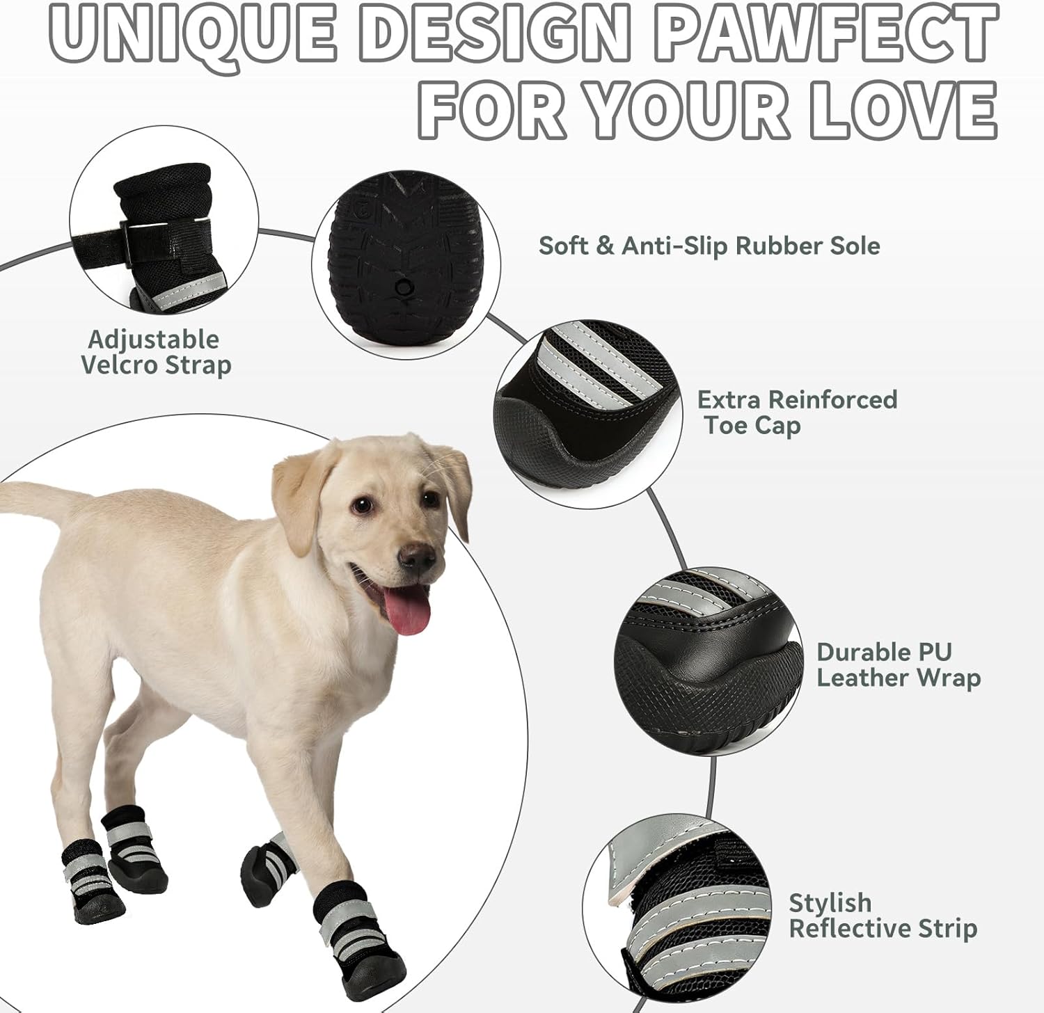 Dog Boots, Waterproof Dog Shoes with Reflective Straps, Rugged Anti-Slip Sole Paw Protectors for Medium Large Dogs, Breathable Pet Booties for Hot Pavement, Snow, Hiking, 4Pcs