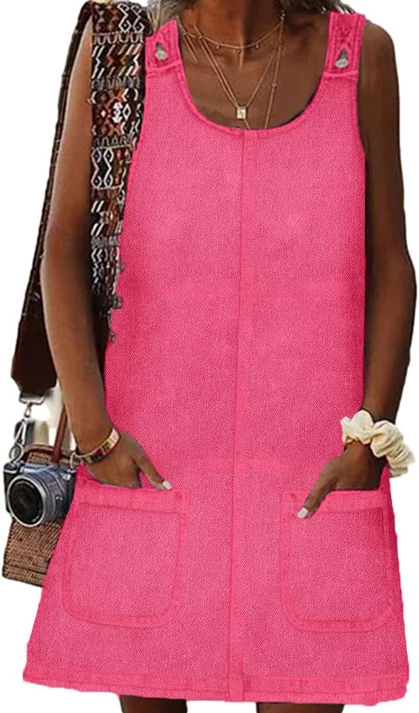 BZB Women's Sleeveless Casual Denim Dress Crewneck Vintage Loose Jean Overall Dress with Pockets