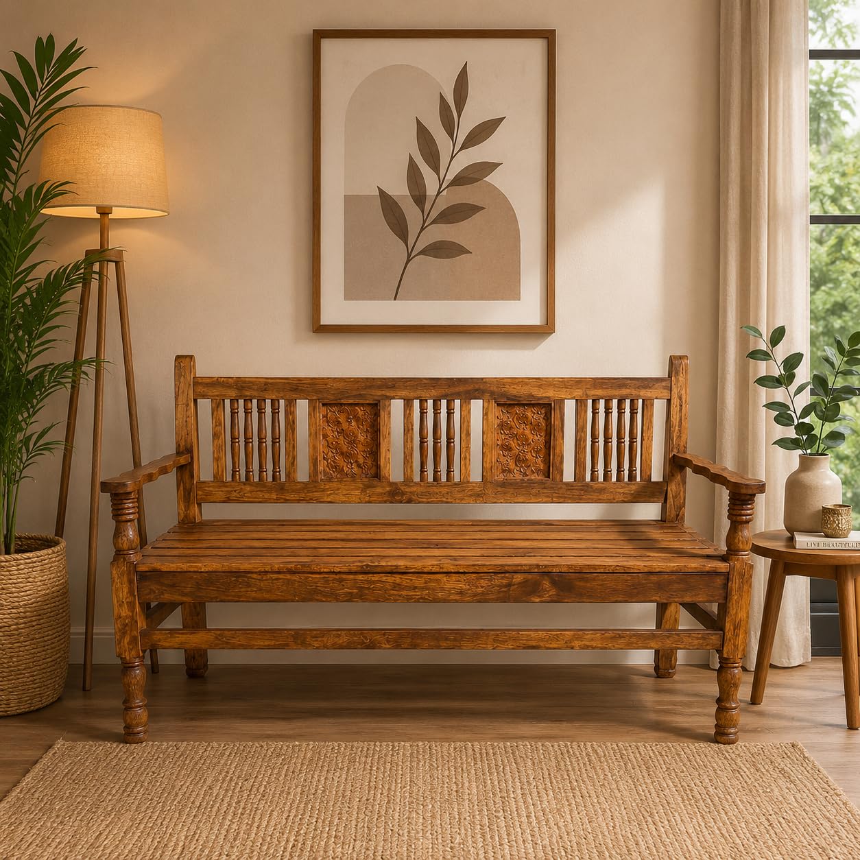 Solid Wood 3-Seater Garden Bench, Hand-Carved Rustic Settee with Armrests and Backrest, Vintage Indo-Western Wooden Bench for Living Room, Entryway, Balcony & Patio, Natural Finish-image-48