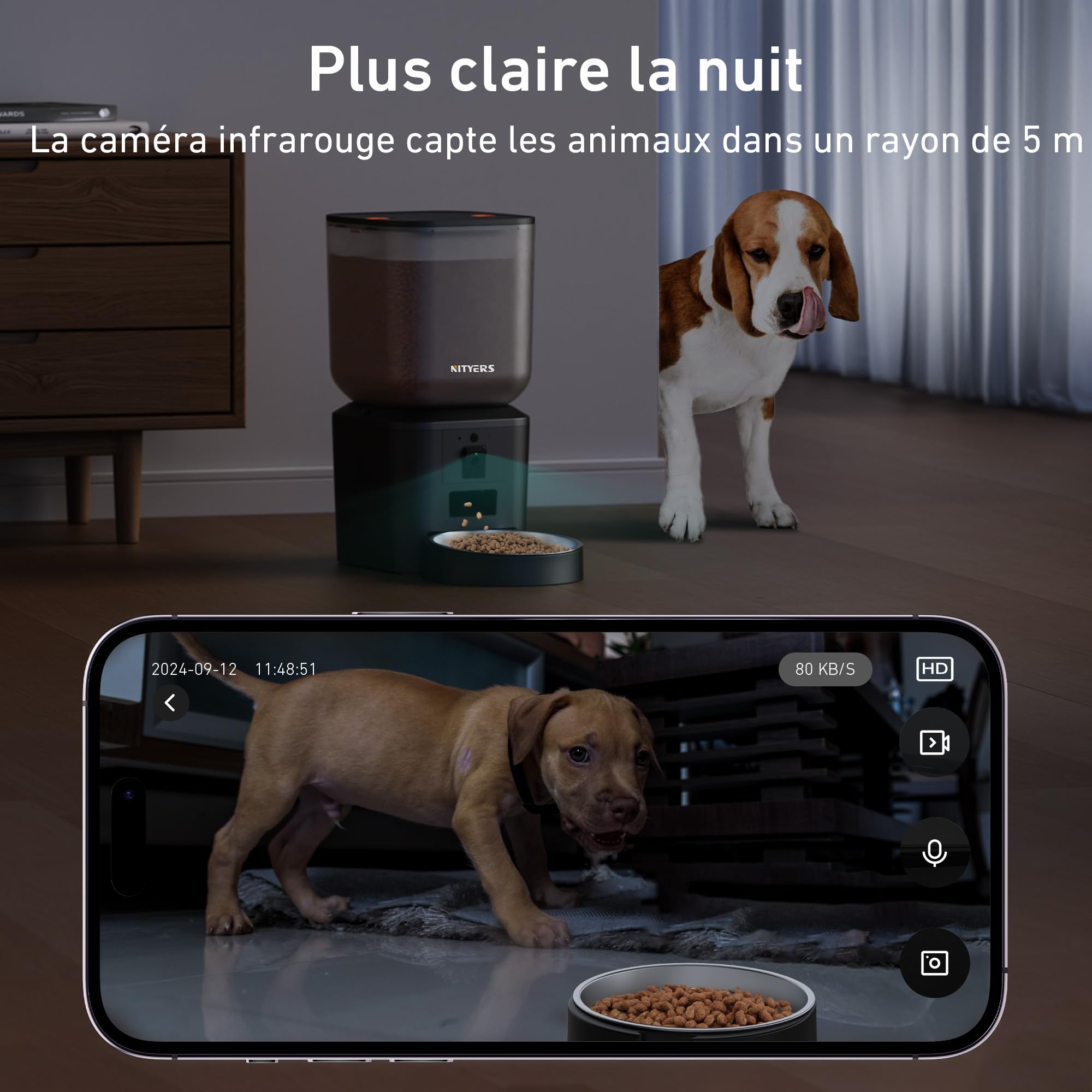 Nityers Distributeur Croquettes Chat Automatique avec Caméra, 5GHz WiFi, Vision Nocturne, Contrôle APP, Angle Caméra Réglable, Bol INOX Grand pour Chats Et Chiens