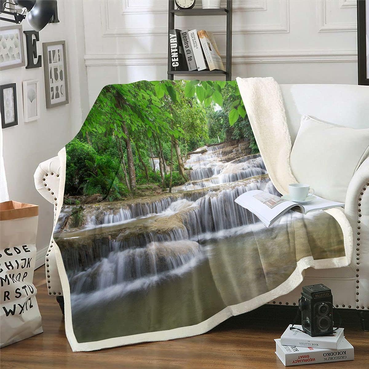 Smoky Mountain Sherpa Blanket Waterfall Scream Pattern Fleece Throw Blanket Nature Scenery Plush Blanket for Bed Sofa Couch Bedroom Decor Warm Fuzzy Blanket Twin 60x80 Multi 21 Twin