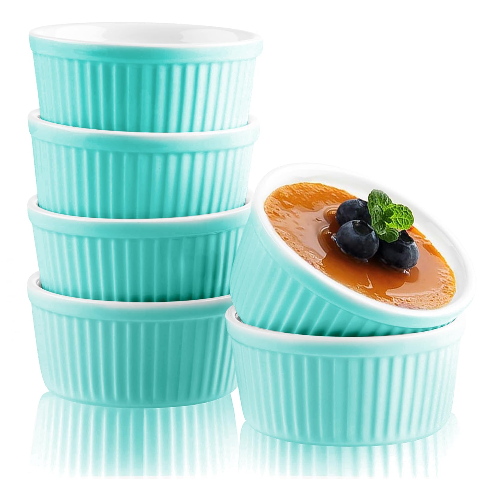 Woobroo Ramekins Set of 6, 200ML Porcelain Souffle Dish,9cm Creme Brulee Dish for Air Fryer & Oven, Mini Bowl for Dips, Sauces, Snacks and Fruits-Blue