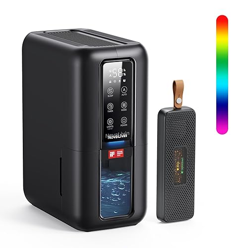 Dehumidifiers for Bathroom with Moisture Absorber Bag Reusable, 68 OZ Water Tank Portable Quiet Dehumidifier for Bedroom with Auto Shut Off, 7 Colors LED Light for Home, RV, Garage, apartment, Black - Black