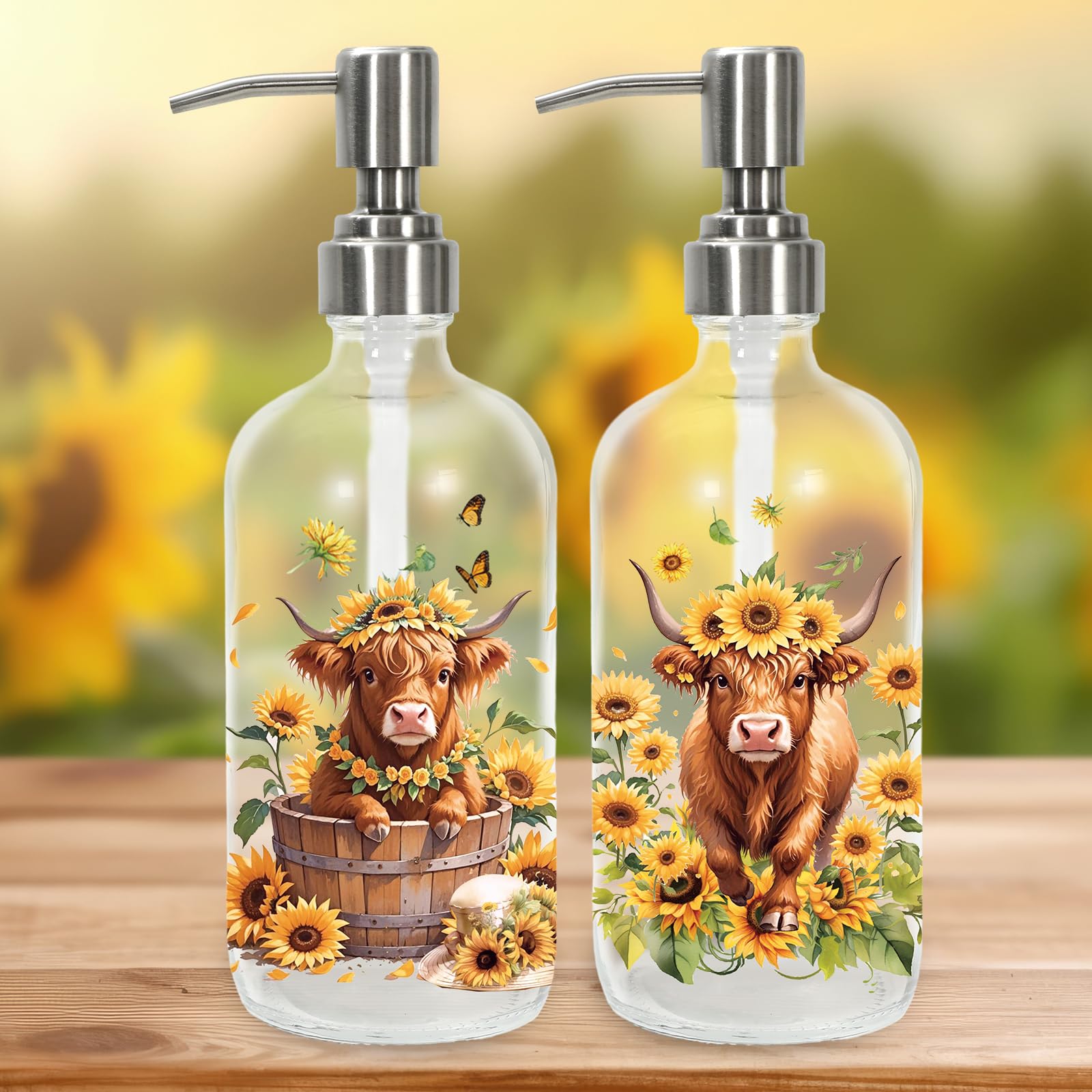 JarThenaAMCS 2 dispenser di sapone liquido trasparente con pompa, a forma di mucca, girasole, bovini, fiori, con pompa, ricaricabile, per cucina e bagno