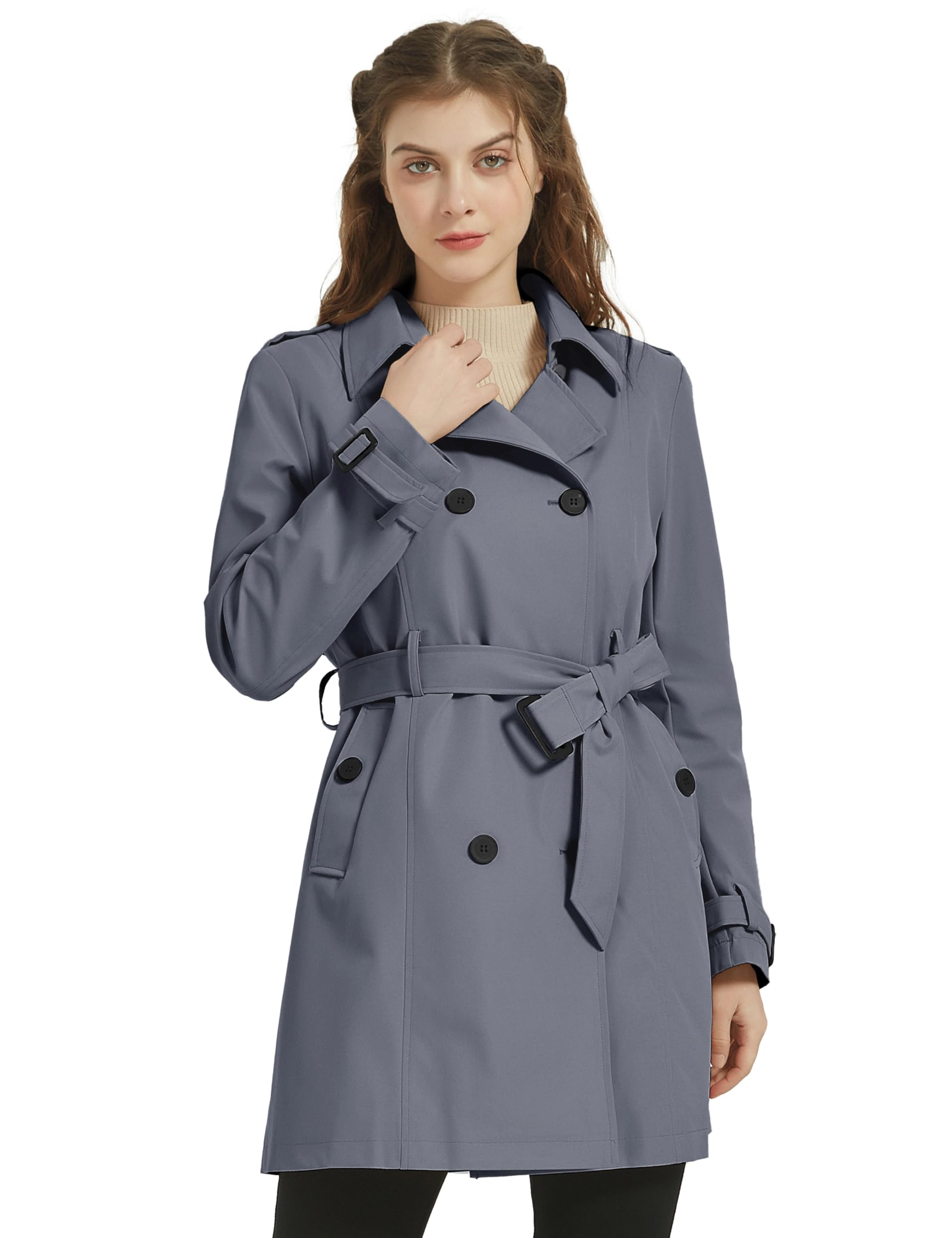 Wantdo Cappotto Primaverile da Donna Doppiopetto Lungo Trench Antivento Idrorepellente Leggera Casuale Giubbotto con Cintura Slim Fit