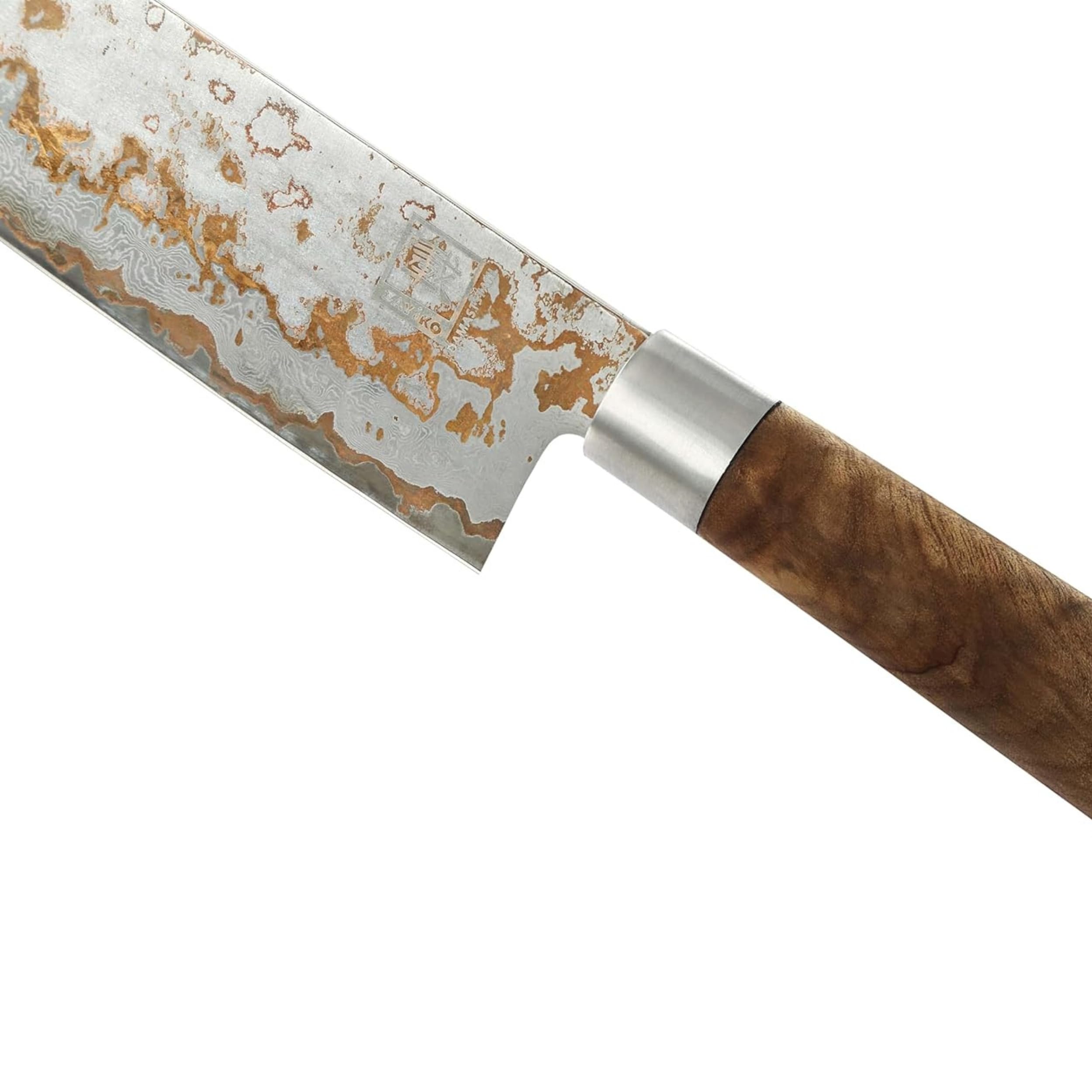 zayiko MysticMagma Nakiri Damastmesser - 17 cm Klinge aus 67 Lagen Damaststahl mit Kupfer- und Bronze-Einlage, DualCurve Griff aus Ahornwurzelholz, Holzbox