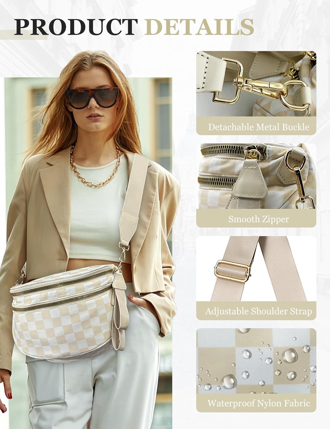 Checkered Nylon Crossbody Bag for Women, Spacious Checkered Bum Bag Purse Shoulder Bag Sling Bag with Shoulder Strap - Image 2