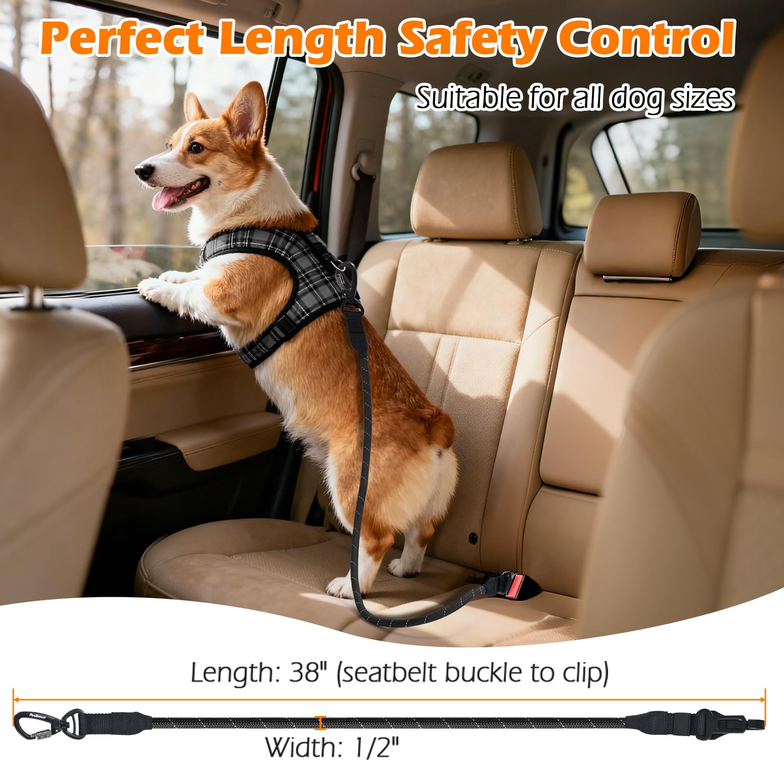 PetBonus Dog Seat Belt for Car, Durable Rope Dog Car Harness Seatbelt for Vehicle, Pet Tether Safety Restraint with Heavy Duty Buckle Hook Latch Lockable Clip for Small Medium Large Breeds (Black) - image 4