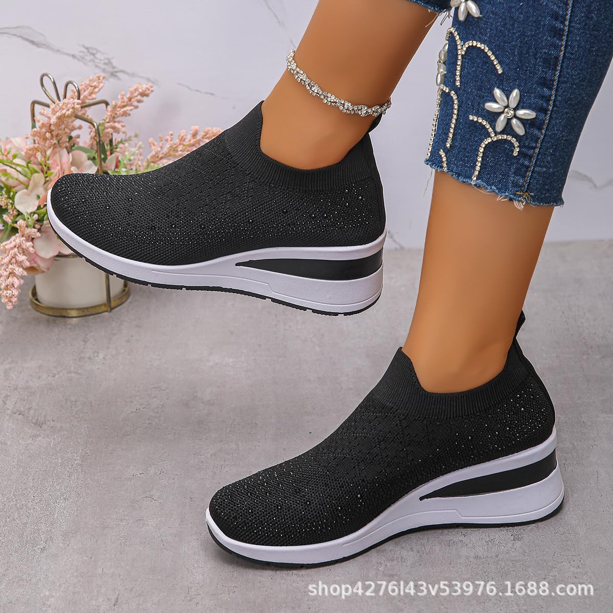 Zapatillas de cuña con diamantes de imitación para mujer