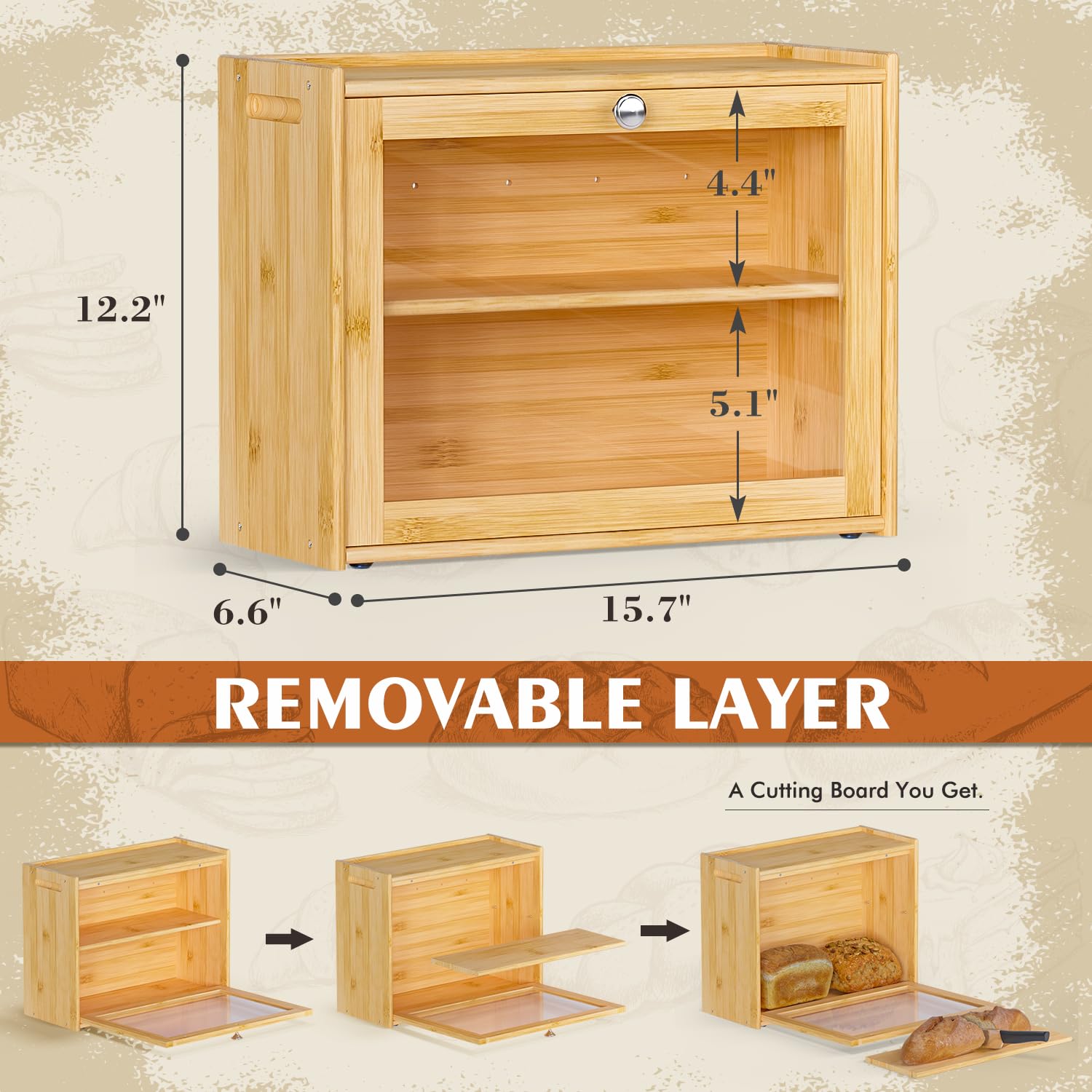 Panera para encimera de cocina, almacenamiento de pan de bambú de doble capa de gran capacidad con puerta transparente, fácil de transportar para armario, despensa, contenedor de pan de