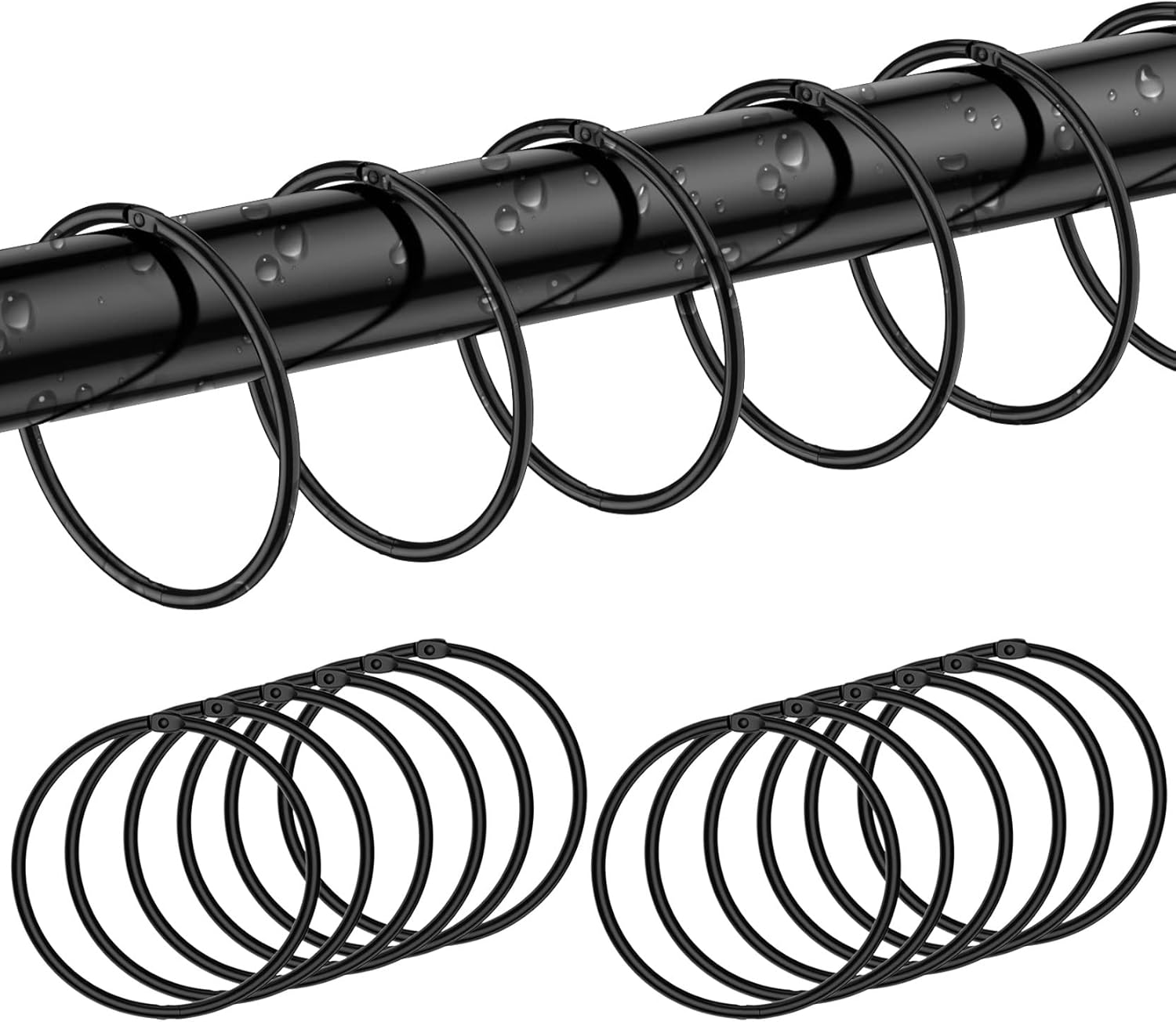 12 Pack Shower Curtain Rings,Black Rustproof Shower Curtain Hooks,Metal Round Shower Ring Hooks