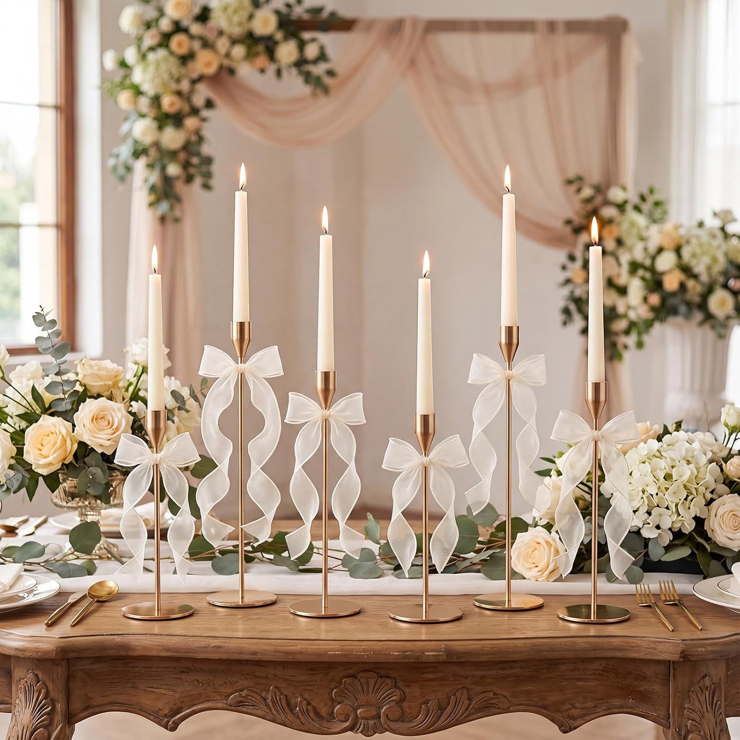 Set of 6 Gold Taper Candle Holder with Champagne Organza Bow, Christmas Bow Candle Holder Tall Candlestick Stand for Wedding Christmas Table Mantel Centerpiece Decoration