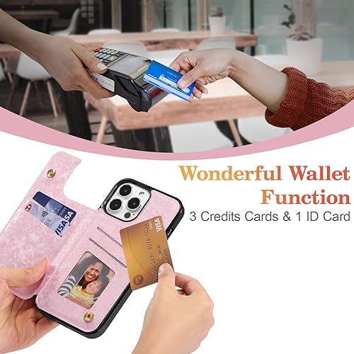 Miniatura 10 de UEEBAI Funda tipo cartera para iPhone 15 Pro Max con tarjetero, cubierta de cuero PU con soporte, bloqueo RFID, doble cierre magnético, relieve de