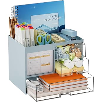 Marbrasse Desk Organiser with 3 Drawers Pen Holder with Large Capacity for Desk Office Organiser with 4 Compartments and Accessories for Office Home and School Blue