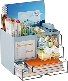 Marbrasse Organizador Escritorio con 3 Cajones,Portalapices Gran Capacidad,Organizador Oficina con 4 Compartimentos y Accesorios,Almacenaje Escritorio para Oficina,Casa y Escuela (Azul)