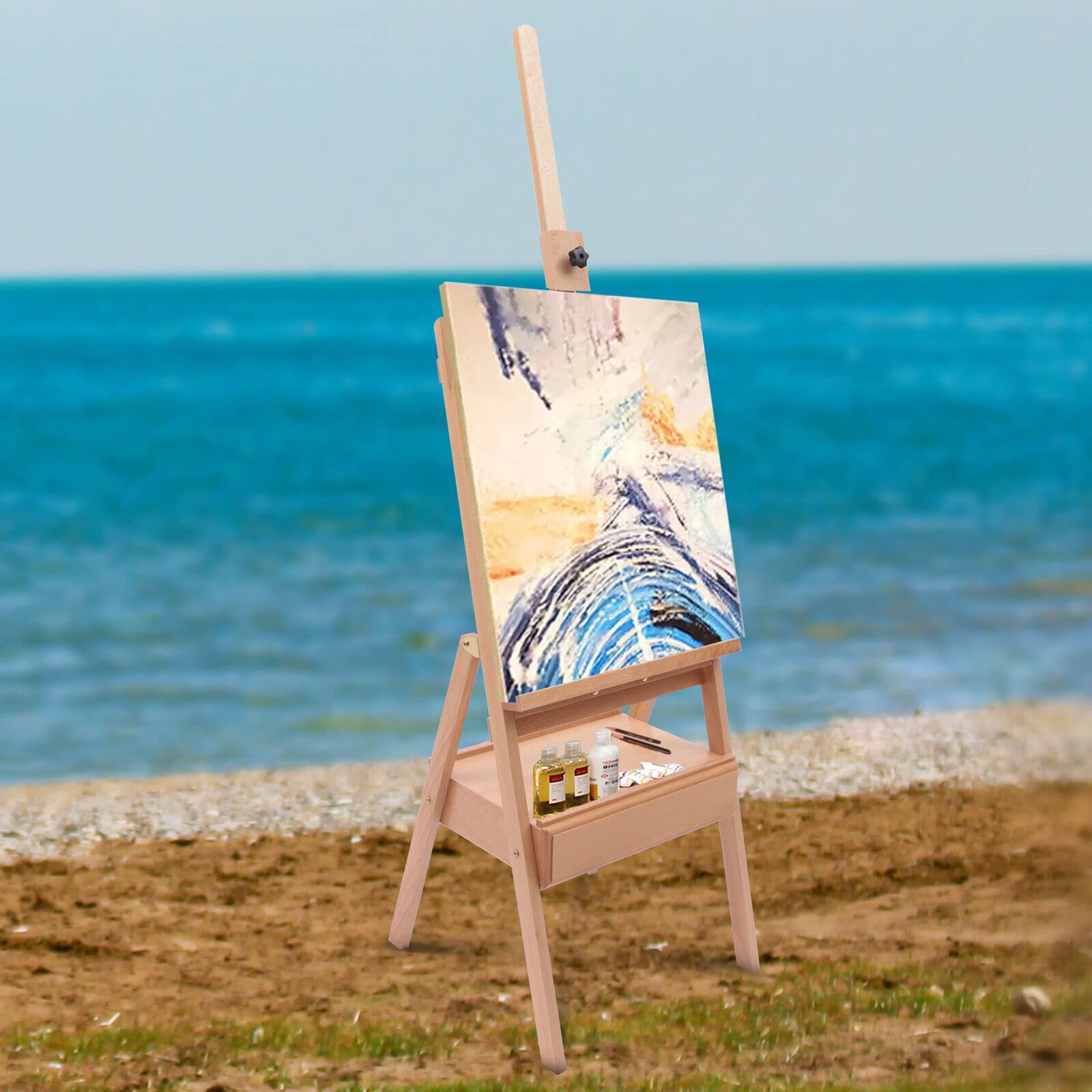 Atelierstaffelei Staffelei Holz H-Form Staffelei Koffer mit Box – Feldstaffelei Verstellbar 198cm – Easel for Artist Kofferstaffelei Faltbar Leinwand Halter Buchenholz Stabil, Gemälde&Portraits