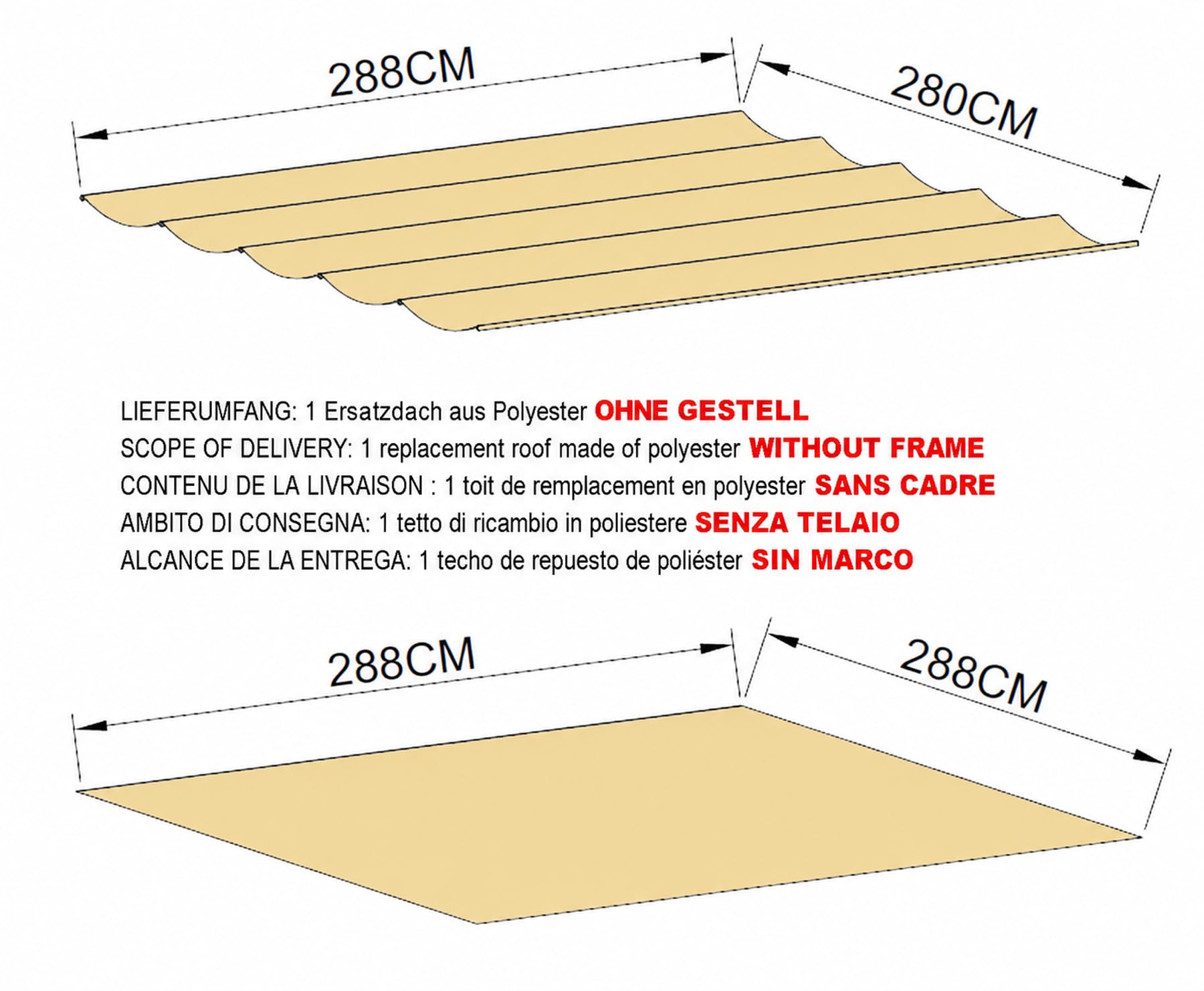 Ersatzdach für Flachdach Pergola Firenze 3x3m Pergoladach Bezug Sand