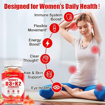 Organic Womens D3 K2 Vitamin Gummies: D3 10000 IU Chewable Vegan Multivitamins Supplement with B12 B6 B9 Plus Magnesium Omega Zinc Calcium - for Immune Energy Skin Support (120Count)