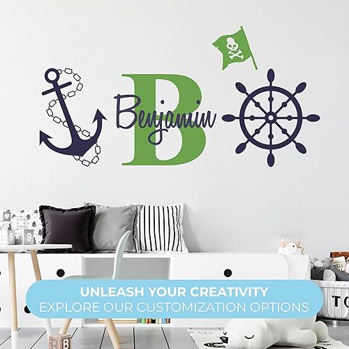 Miniatura 6 de Calcomanía de pared de vinilo personalizable con nombre, inicial, timón y anclaje, decoración de pared para bebé, niño y niña, decoración náutica,