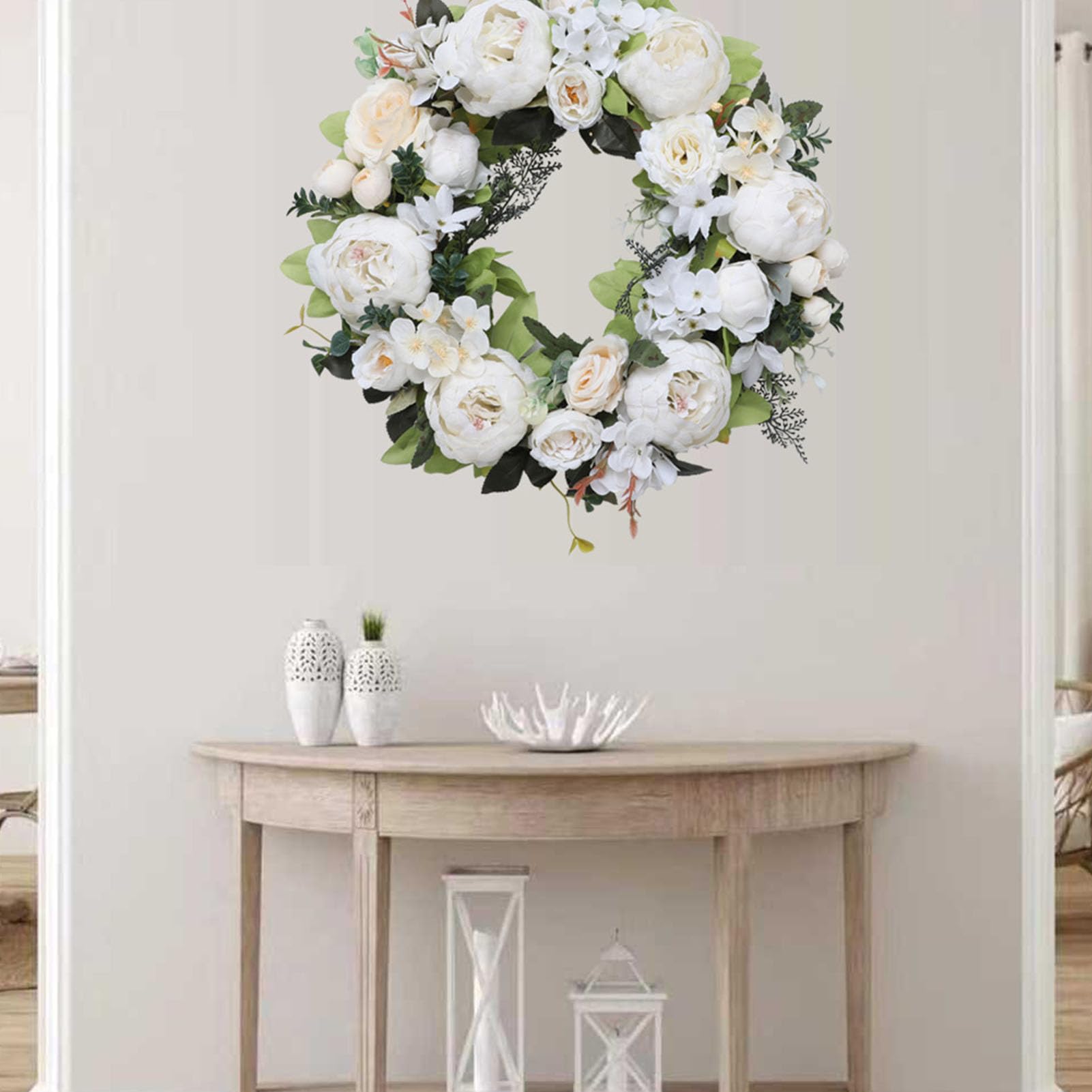RIZGHWOY Ghirlanda Floreale di Peonia Rosa Artificiale, Decorazione da Appendere Alla Porta con Fiori Finti Fatti a Mano da 17,7 Pollici per la Casa della Parete di Nozze (WHITE)