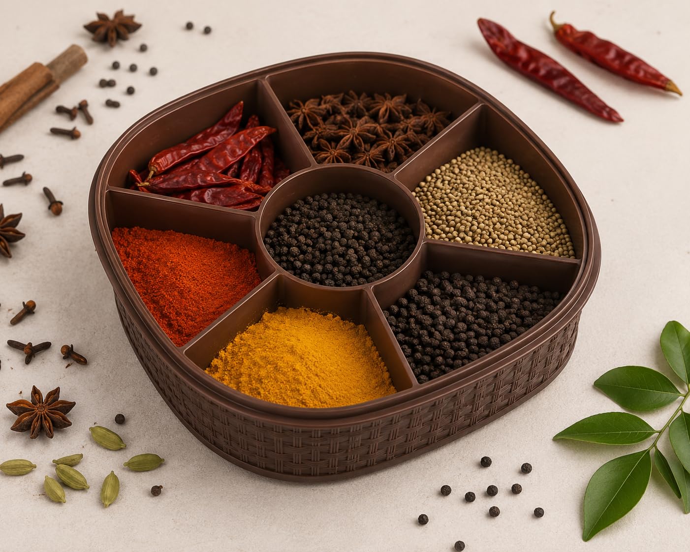 Premium Plastic Spice Box Organizer with Lid, 7 Fixed Compartments Multi-Purpose Masala Dabba for Kitchen, Round Knit-Design Airtight Food Storage Container (Brown, 1 Piece)-image-10