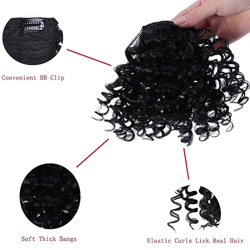 Miniatura 7 de Afro Fringe Kinky Curly Bangs Clips Hairpieces Cola de caballo Extensión Peluca Pieza Natural Fibra Resistente al Calor Pelo Sintético Para Mujeres