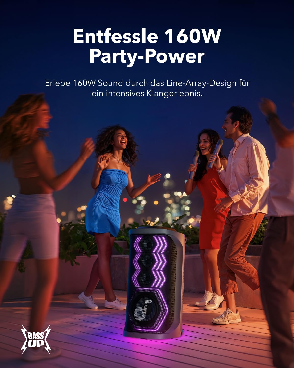 soundcore Rave 3 KI Karaoke-Lautsprecher mit 2 kabellosen Mikrofonen,160W Sound,KI-Stimmentfernung,Stimmverstärker,Nachhall-Effekt,12h Spielzeit,portables PA-System mit Bluetooth für Zuhause,PartyBox