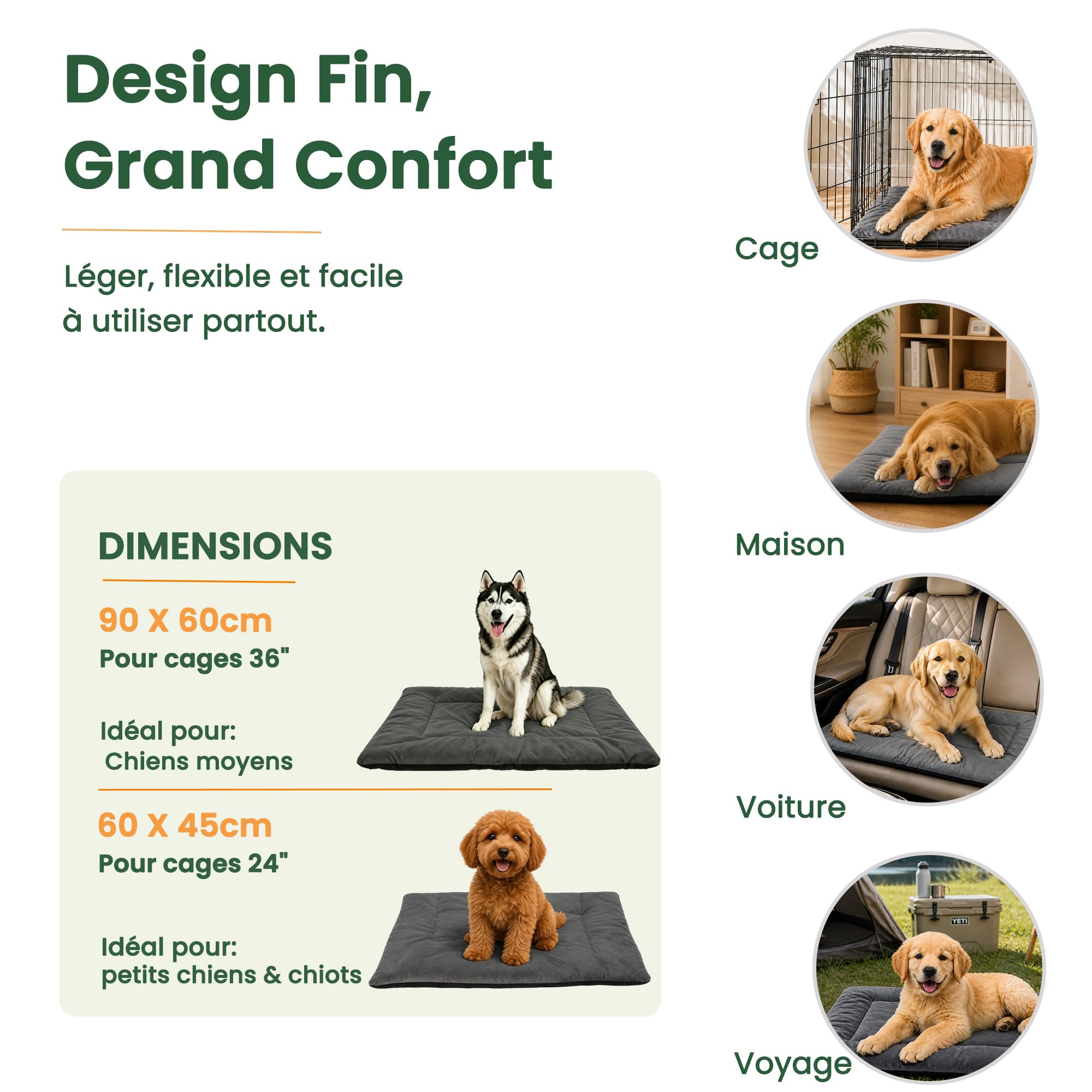 RovePad Cozy Tapis pour cage pour chien - 6 cm d'épaisseur - En velours - Dessous antidérapant en PVC - Lavable - Gris - Taille M