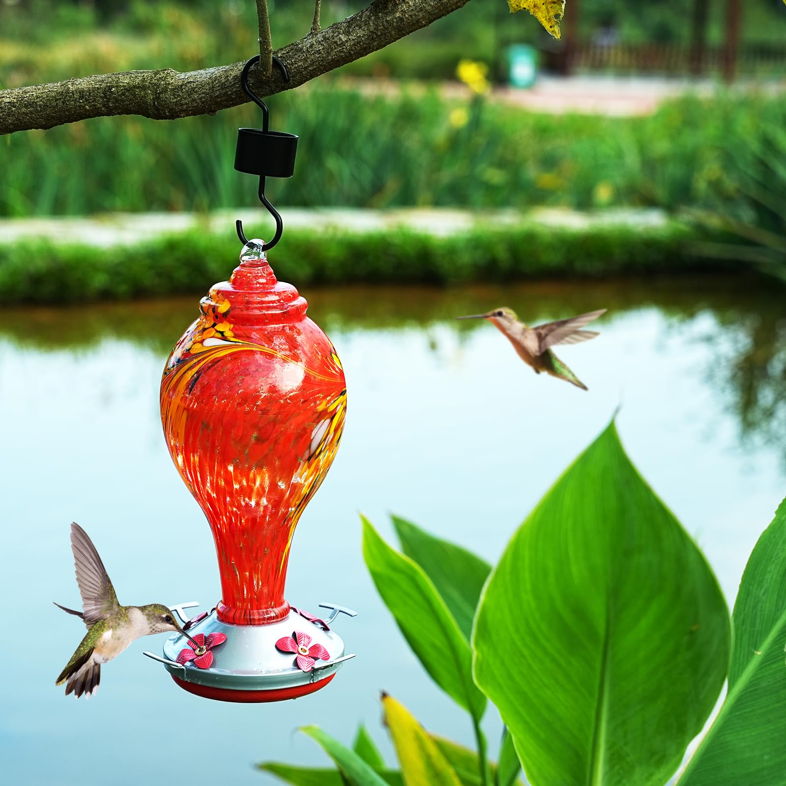 LaElvish Kolibri-Futterspender – 900 Ml, Mundgeblasenes Glas, 4 Sitzstangen – Auslaufsicher, Für Garten