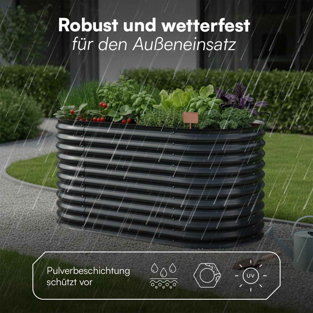STEELSØN Hydra Hochbeet Metall – ovaler Pflanzenkasten 160x80x80 cm – Gemüsebeet Anthrazit – Beet für Garten & Balkon – Pflanzenbeet aus verzinktem Stahl – Kräuterbeet – Gartenbeet mit Kantenschutz