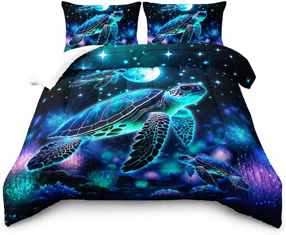 AILONEN Sea Turtle Comforter Set Queen Size, Ocean Theme Bedding Coral Jellyfish 3 Pieces Printed Comforter Set for Boys Girls Bed in a Bag,Evening Starry Moon Turtle Quilt with 2 Pillowcases